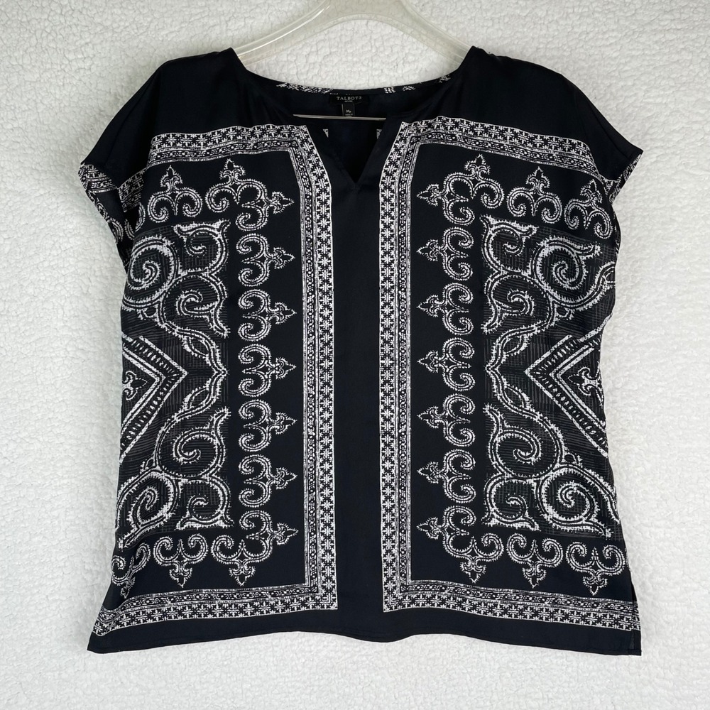Talbots Petites Black White Medallion Border Print Blouse MP Short Sleeve‎ Top